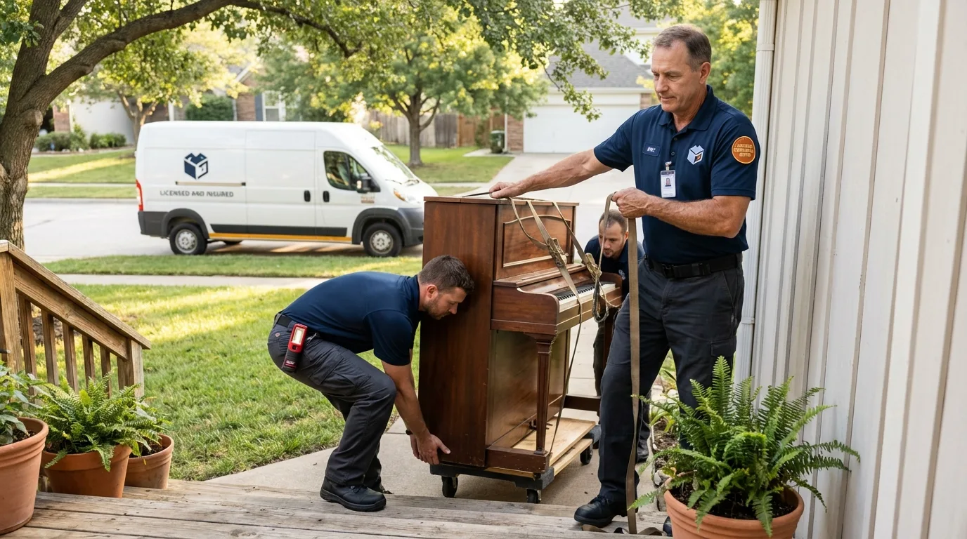 Licensed piano movers securing grand piano in Montevallo, AL