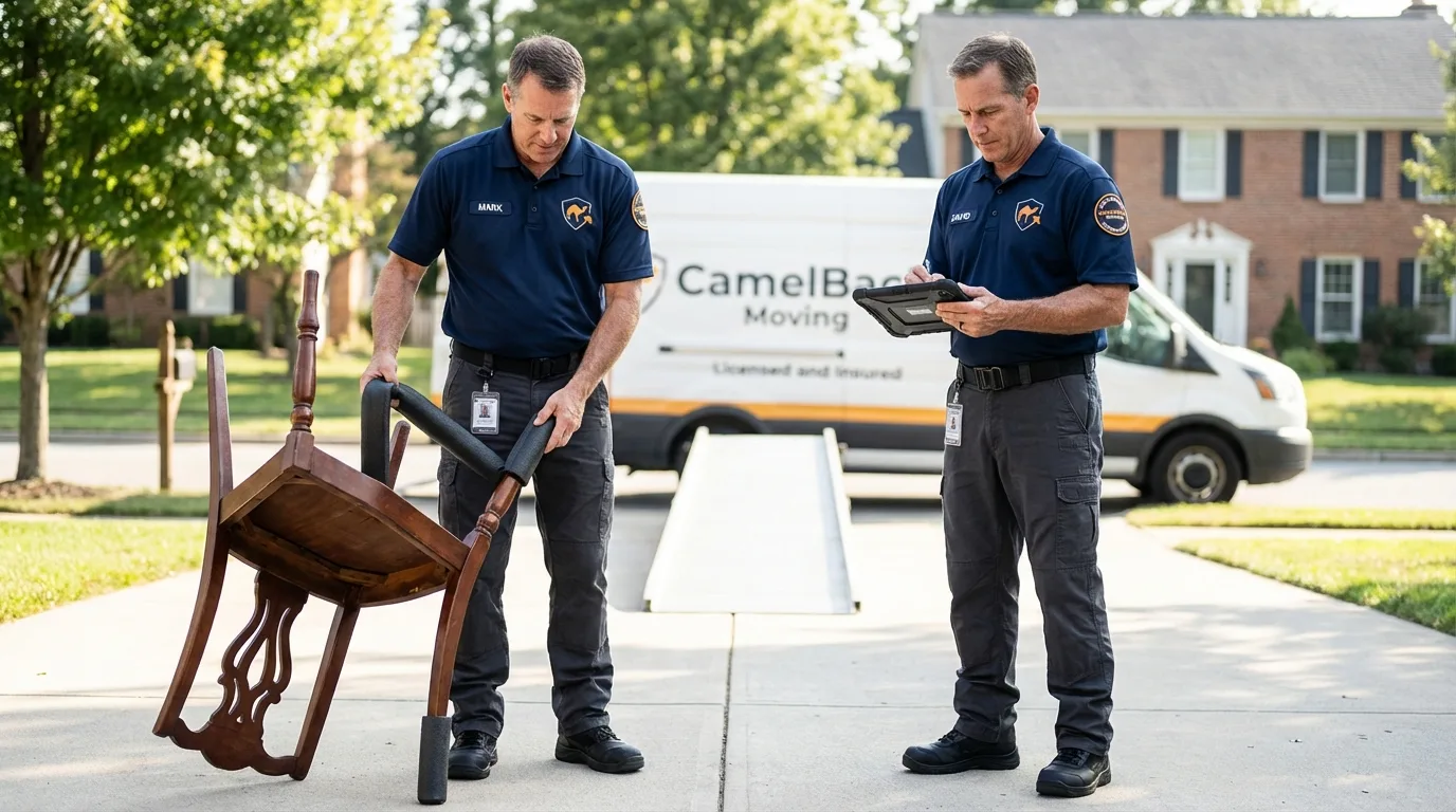 Movers inspecting furniture for damage prevention before loading in Montevallo, AL