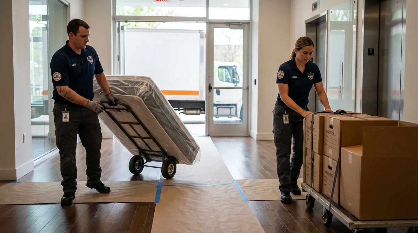 Professional apartment movers loading elevator in Montevallo, AL